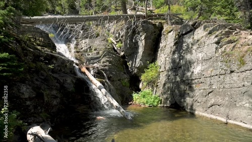 Left Twin Falls waterfall at Two Medicine Lake in Glacier National Park, Tilt Down photo