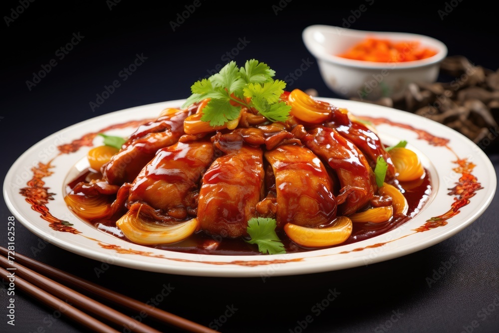 Teriyaki chicken in a clay bowl garnished with green onions Teriyaki chicken in a clay bowl garnished with green onions