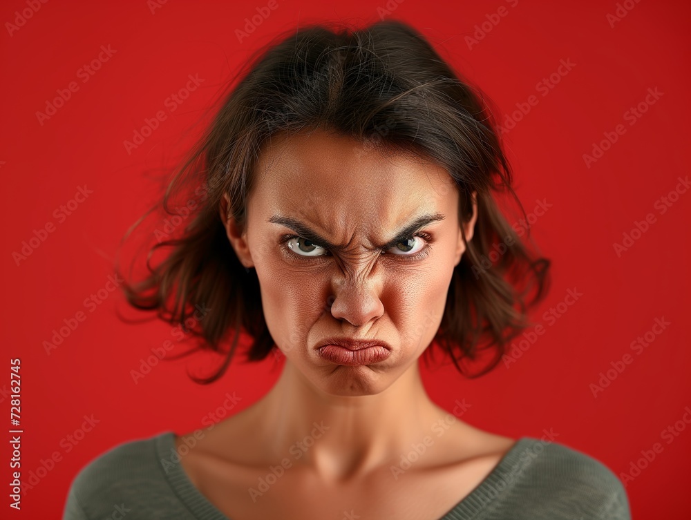 Woman with Angry Frown on a Solid Red Background. Generative AI. Woman with Angry Frown on a Solid Red Background. Generative AI.