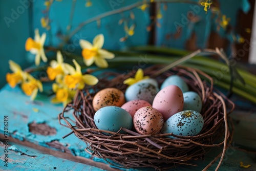 Easter eggs in a basket surrounded by daffodils on a blue background