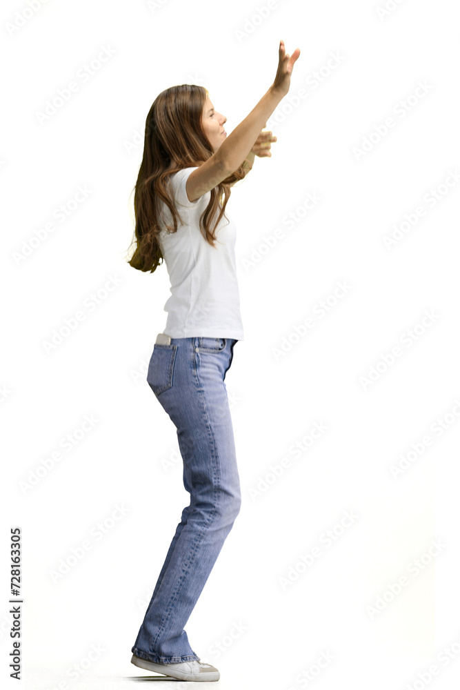A woman, full-length, on a white background, waving her arms A woman, full-length, on a white background, waving her arms