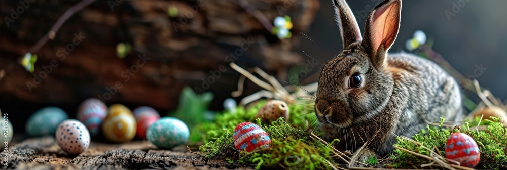 Obraz premium Easter banner with bunny and eggs in grass