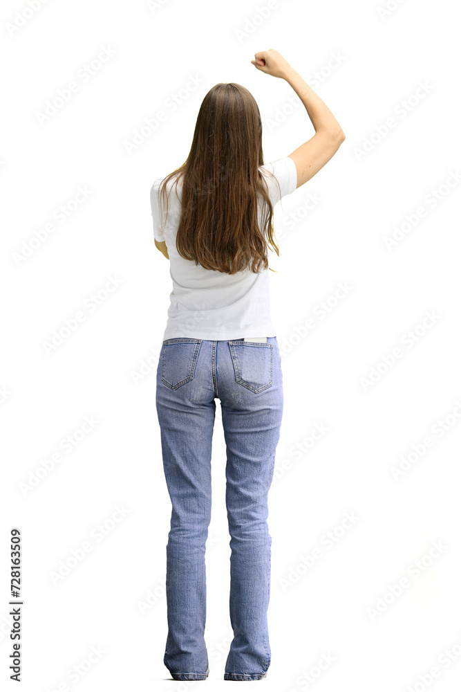 A woman, full-length, on a white background, rejoices A woman, full-length, on a white background, rejoices