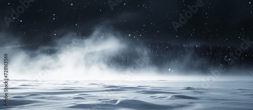 Enchanting Snow, Fog, and Mysterious Black Background Create a Winter Scene of Snow, Snow, Fog on a Black Background