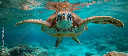 Underwater Shot of a Majestic Green Sea Turtle (Cheloni Mydas) © TheWaterMeloonProjec