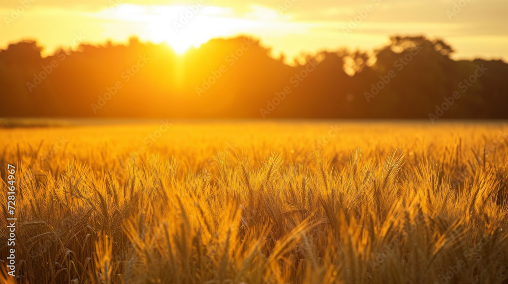 The golden hues of a cornfield at sunset with the silhouettes of trees in the background.