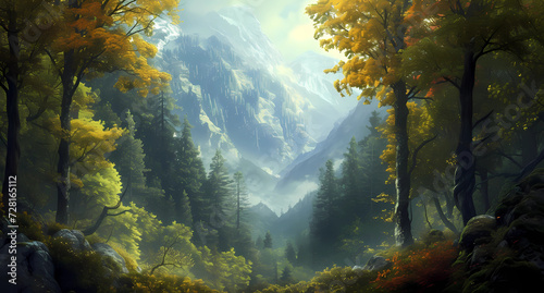 a painting of a beautiful forest