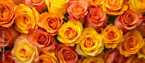 Breathtakingly Vibrant: Mesmerizing Yellow and Orange Roses Take Center Stage in a Burst of Yellow, Orange, and Roses