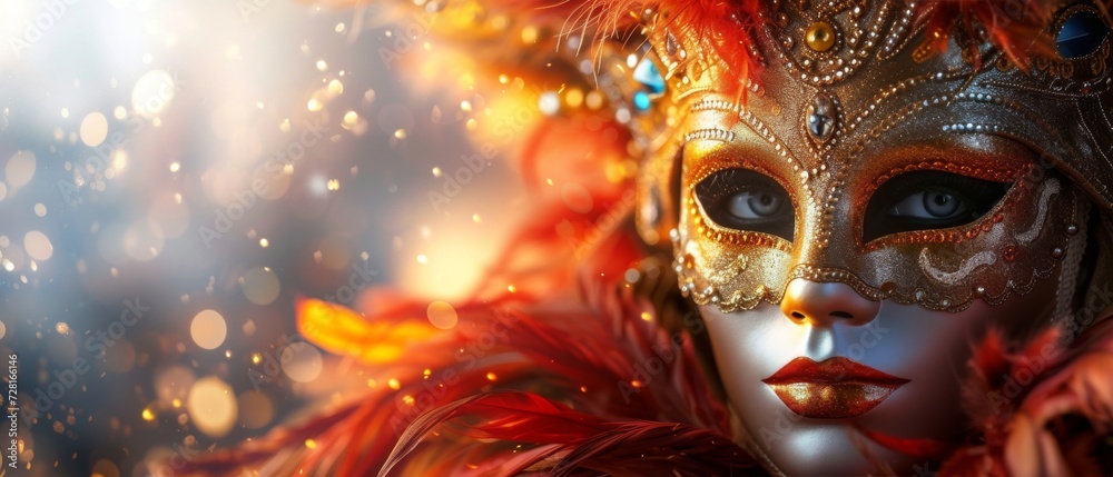 A colorful masquerade mask in bright colours on a blurred festive background with bokeh , party, Rio, Venice and Tenerife carnival concept banner poster or card design copy space