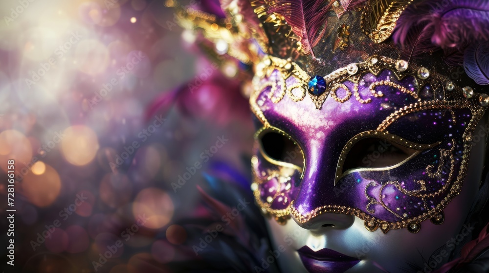 A colorful masquerade mask in bright colours on a blurred festive background with bokeh , party, Rio, Venice and Tenerife carnival concept banner poster or card design copy space