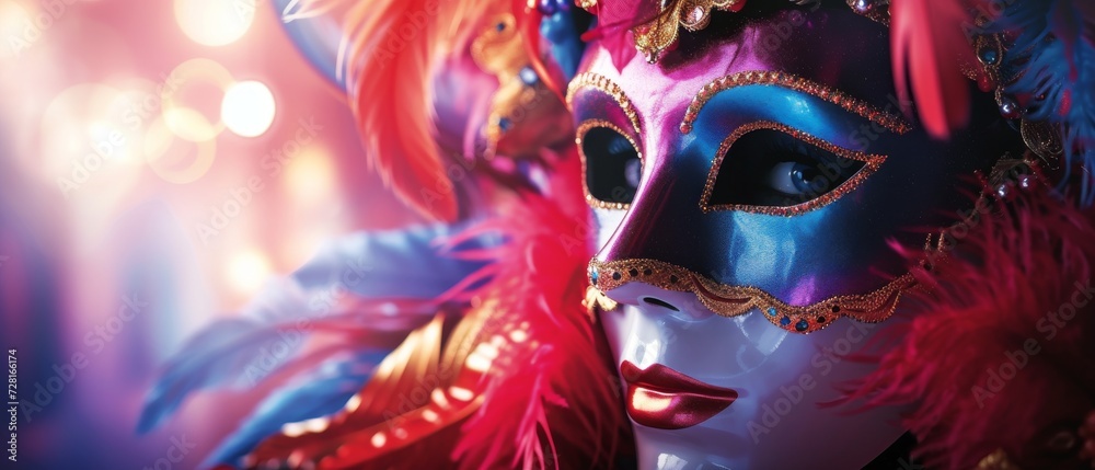 Naklejka premium A colorful masquerade mask in bright colours on a blurred festive background with bokeh , party, Rio, Venice and Tenerife carnival concept banner poster or card design copy space