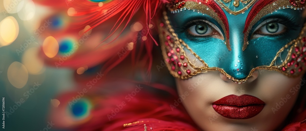 A colorful masquerade mask in bright colours on a blurred festive background with bokeh , party, Rio, Venice and Tenerife carnival concept banner poster or card design copy space