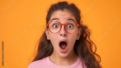 Shocked Teenage Girl with Orange Glasses on a Solid Orange Background. Generative AI.