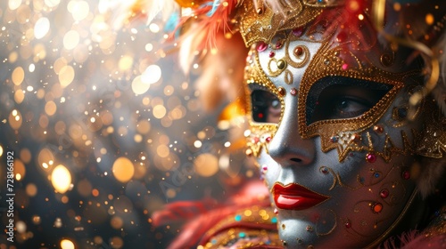 A colorful masquerade mask in bright colours on a blurred festive background with bokeh , party, Rio, Venice and Tenerife carnival concept banner poster or card design copy space photo