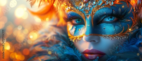 A colorful masquerade mask in bright colours on a blurred festive background with bokeh , party, Rio, Venice and Tenerife carnival concept banner poster or card design copy space