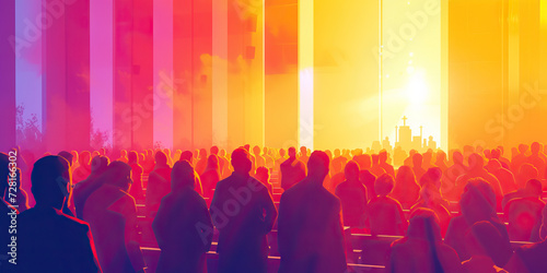 Easter Church Service: A Vector Illustration of People Attending a Church Service on Easter Sunday, Reflecting the Religious Significance of the Holiday