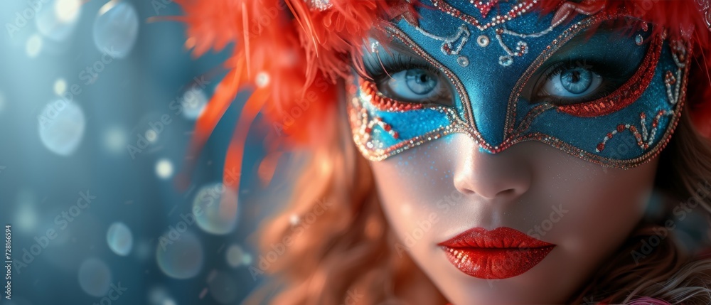 A colorful masquerade mask in bright colours on a blurred festive background with bokeh , party, Rio, Venice and Tenerife carnival concept banner poster or card design copy space