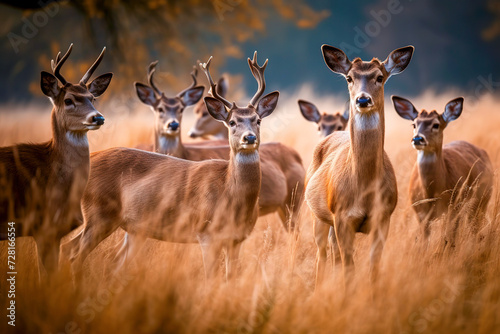 Herd of deer with antlers in a field, looking at the camera with a blurred background. photo