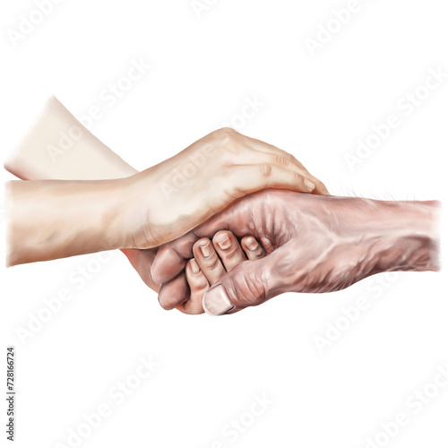 Two people holding hand together isolated on transparent background. Hand drawn watercolor helping hand.