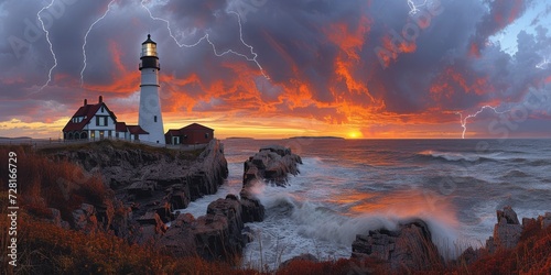 Panoramic View of Lighthouse Against Fiery Sky with Lightning