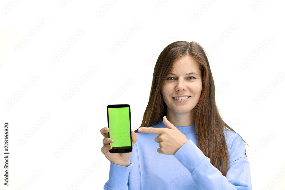Woman, close-up, on a white background, with a phone Woman, close-up, on a white background, with a phone