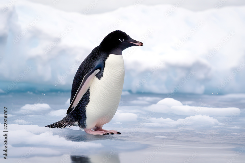 Naklejka premium Adelie penguin on rocky Antarctic beach with soft focus background