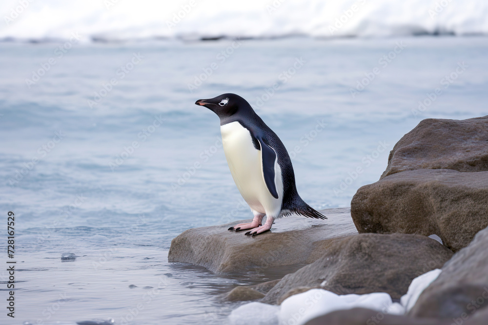 Fototapeta premium Adelie penguin on rocky Antarctic beach with soft focus background