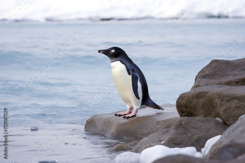 Adelie penguin on rocky Antarctic beach with soft focus background