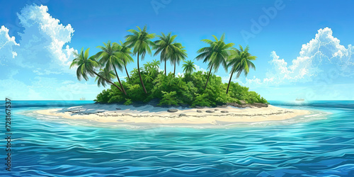 Tropical Paradise: A Vector Illustration of a Lush Tropical Island with Palm Trees, White Sand Beaches, and Clear Blue Waters