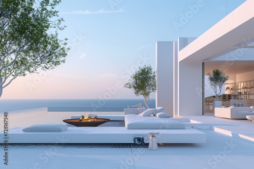 Luxury apartment terrace Santorini Interior of modern living room sofa or couch with beautiful sea view © ChickyKai