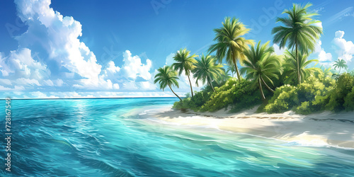 Tropical Paradise: A Vector Illustration of a Lush Tropical Island with Palm Trees, White Sand Beaches, and Clear Blue Waters © Lila Patel