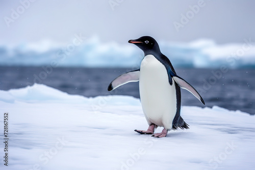 Adelie penguin on rocky Antarctic beach with soft focus background