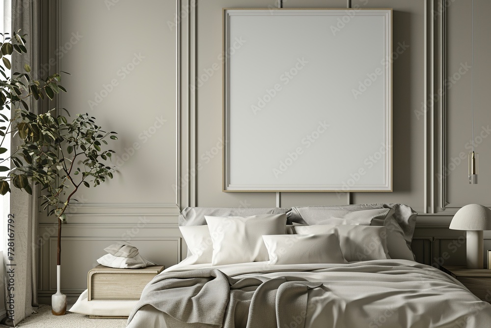 Fototapeta premium Minimalist Bedroom Poster Mockup, Modern Interior Design,Blank Frames in Stylish Bedroom, Interior Mockup