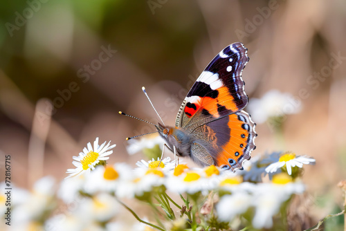 Colorful butterfly on white daisy flowers with a blurred background.
