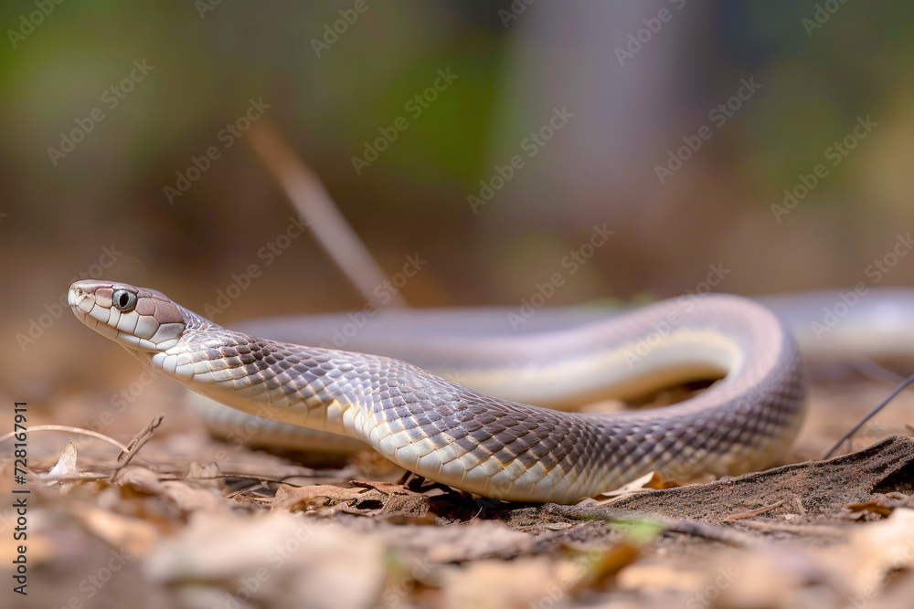 Fototapeta premium Close-up of a snake on sandy ground with a blurred background, capturing wildlife in its natural habitat.