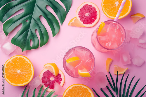 creative summer pink concept background with drink and fruits and tropical leaves photo