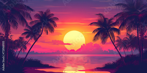 Sunset Paradise: A Vector Illustration of a Tropical Sunset with Silhouettes of Palm Trees and Relaxing Atmosphere © Lila Patel