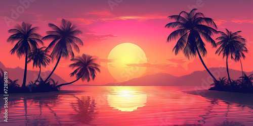 Sunset Paradise: A Vector Illustration of a Tropical Sunset with Silhouettes of Palm Trees and Relaxing Atmosphere