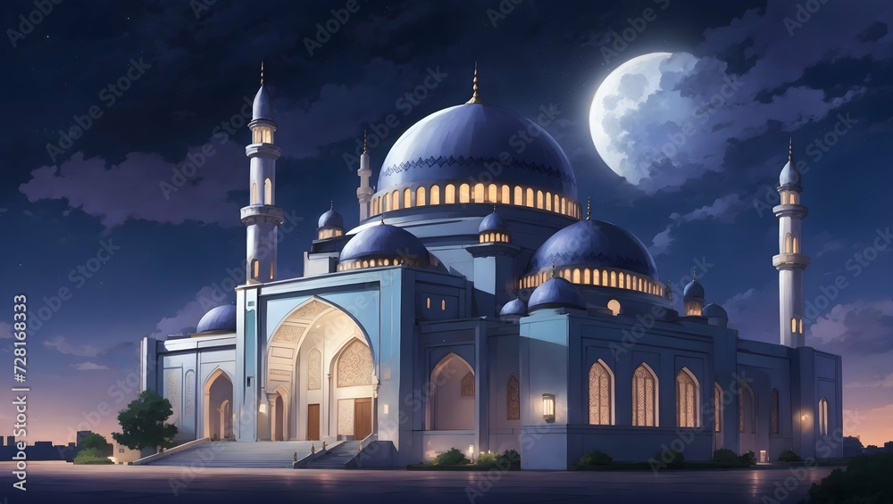 mosque at night with a half moonanime style