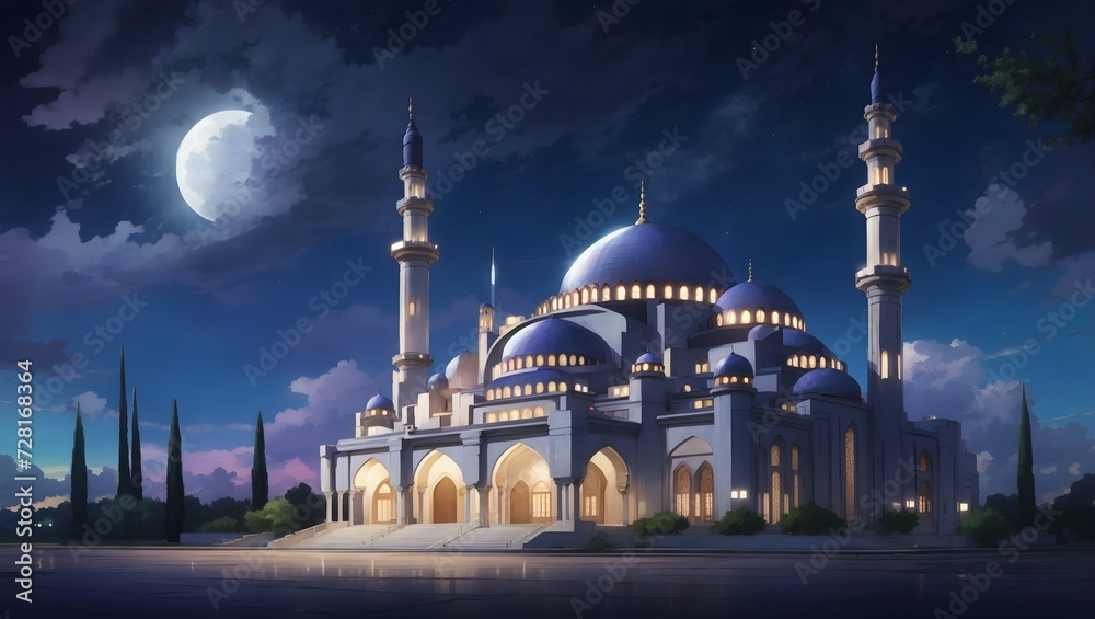 mosque at night with a half moonanime style