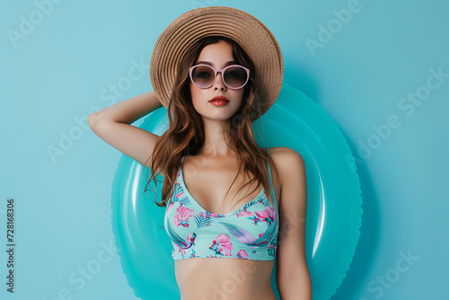 young beautiful woman with an inflatable ring for swimming on vacation isolated on a blue summer background