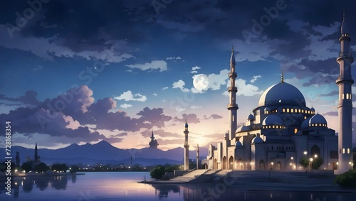mosque at night with a half moonanime style photo
