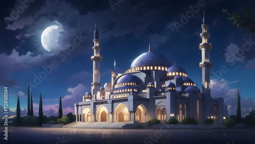 mosque at night with a half moonanime style © arie