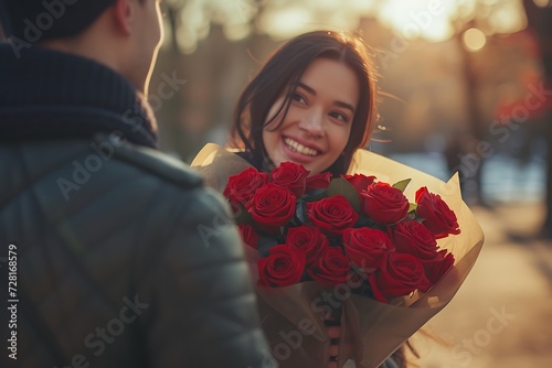 young attractive girl receives a chic bouquet of flowers from her boyfriend on women's day or anniversary