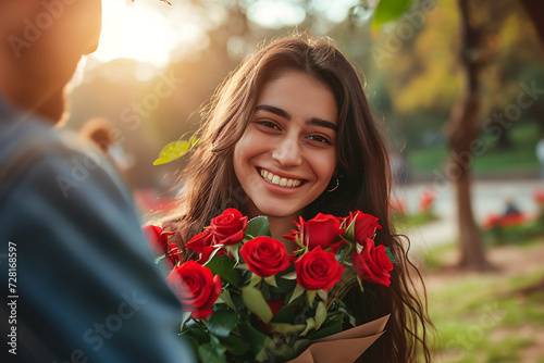 young attractive girl receives a chic bouquet of flowers from her boyfriend on women's day or anniversary