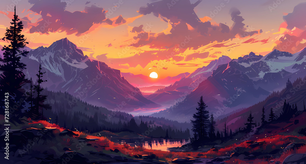 a beautiful sunset over mountain range
