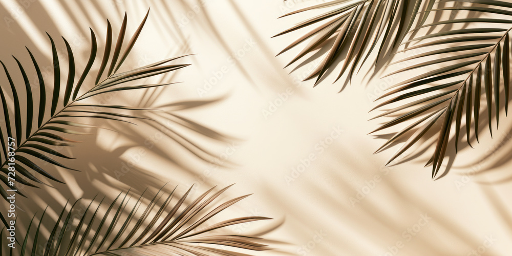 Obraz premium Top view of green tropical palm tree and shadow on wall background, Minimal fashion summer holiday concept. Flat lay