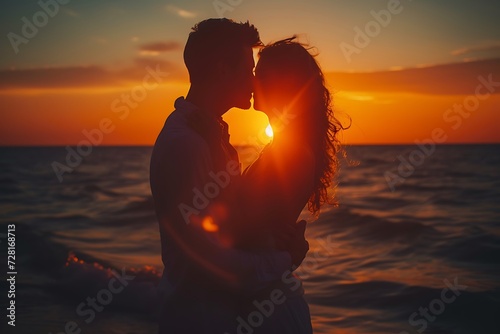 kiss of a beautiful young couple on the seashore at sunset