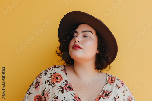 portrait of a charming young plus size woman isolated on a light yellow background
