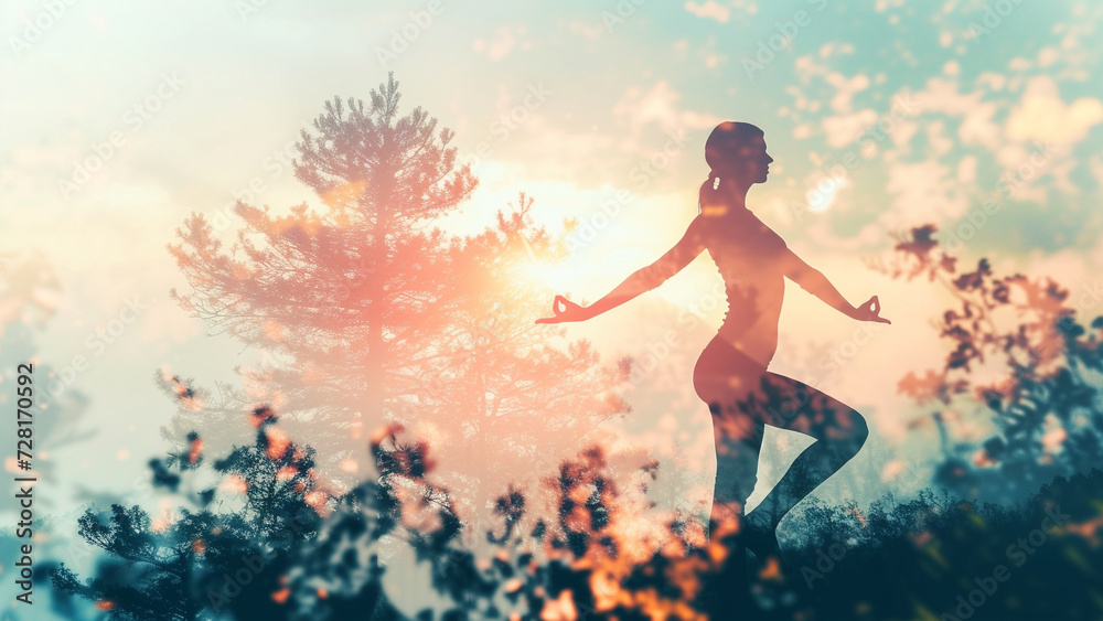 Double Exposure Yoga Silhouette with Ethereal Landscapes